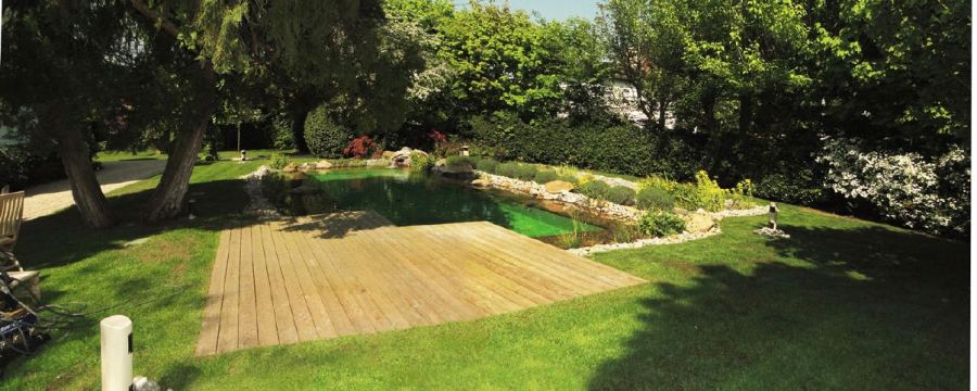Terrasse en bois et bassin naturel (créations de jardins), conception Yves Zoccola