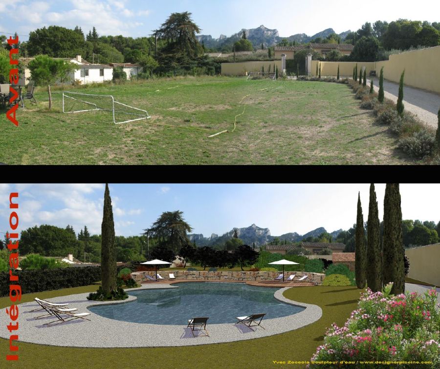 Avant / après : piscine naturelle entre les cyprès (formes naturelles), conception Yves Zoccola