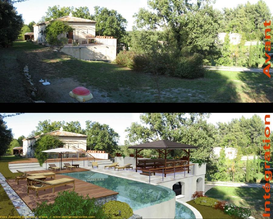 Avant / après : piscine, terrasse et pergola (formes libres), conception Yves Zoccola