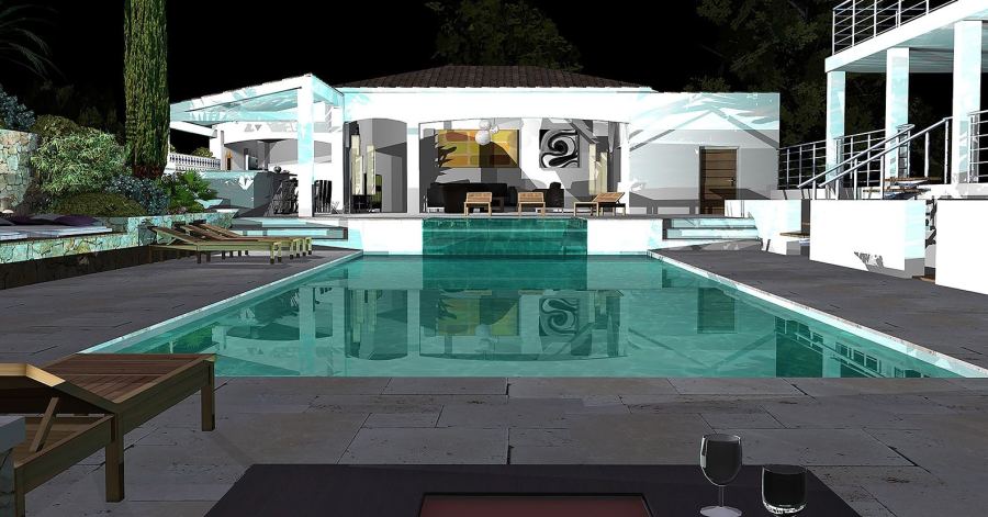 Perspective 3D d’une piscine avec pool house (formes classiques), conception Yves Zoccola