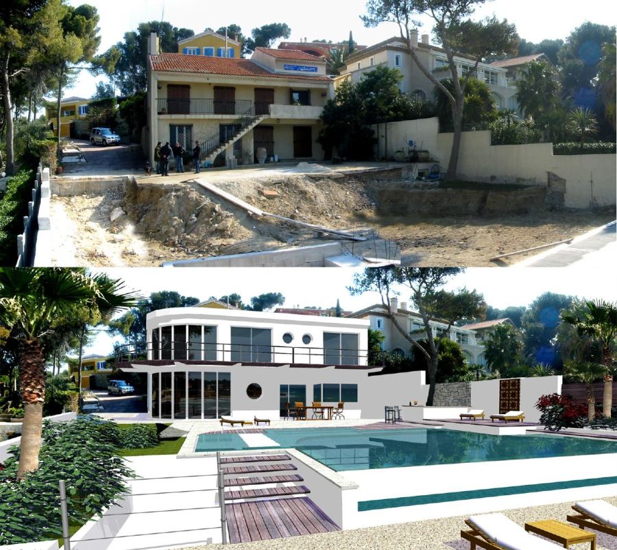 Avant / après : maison et piscine relookées (relooking), conception Yves Zoccola