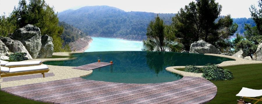 Piscine naturelle face au lac (formes naturelles), conception Yves Zoccola