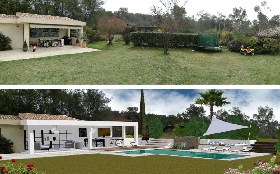 Avant / après : piscine et pool house dans un jardin (formes classiques), conception Yves Zoccola