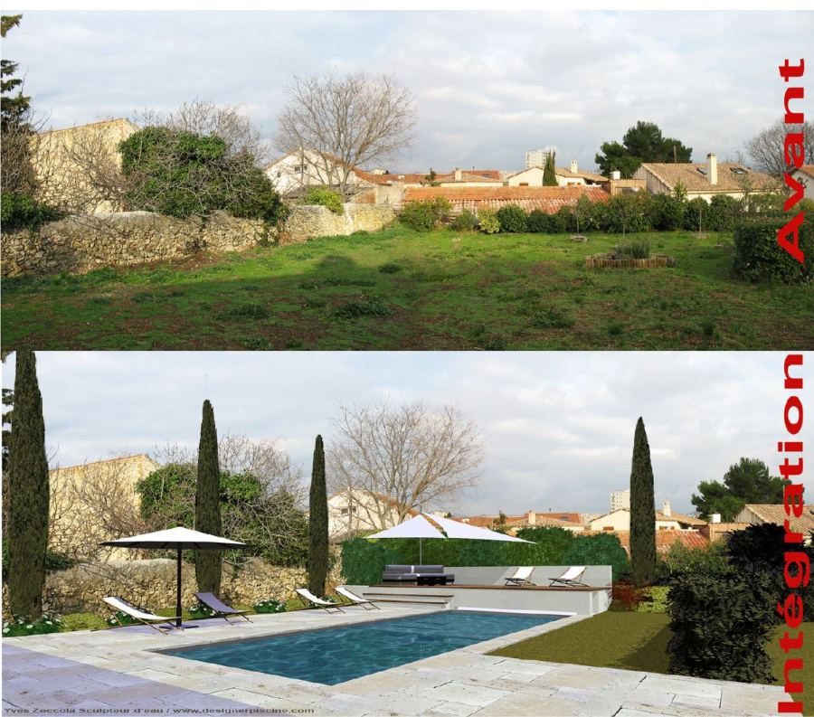 Avant / après : piscine dans un jardin de village (formes classiques), conception Yves Zoccola